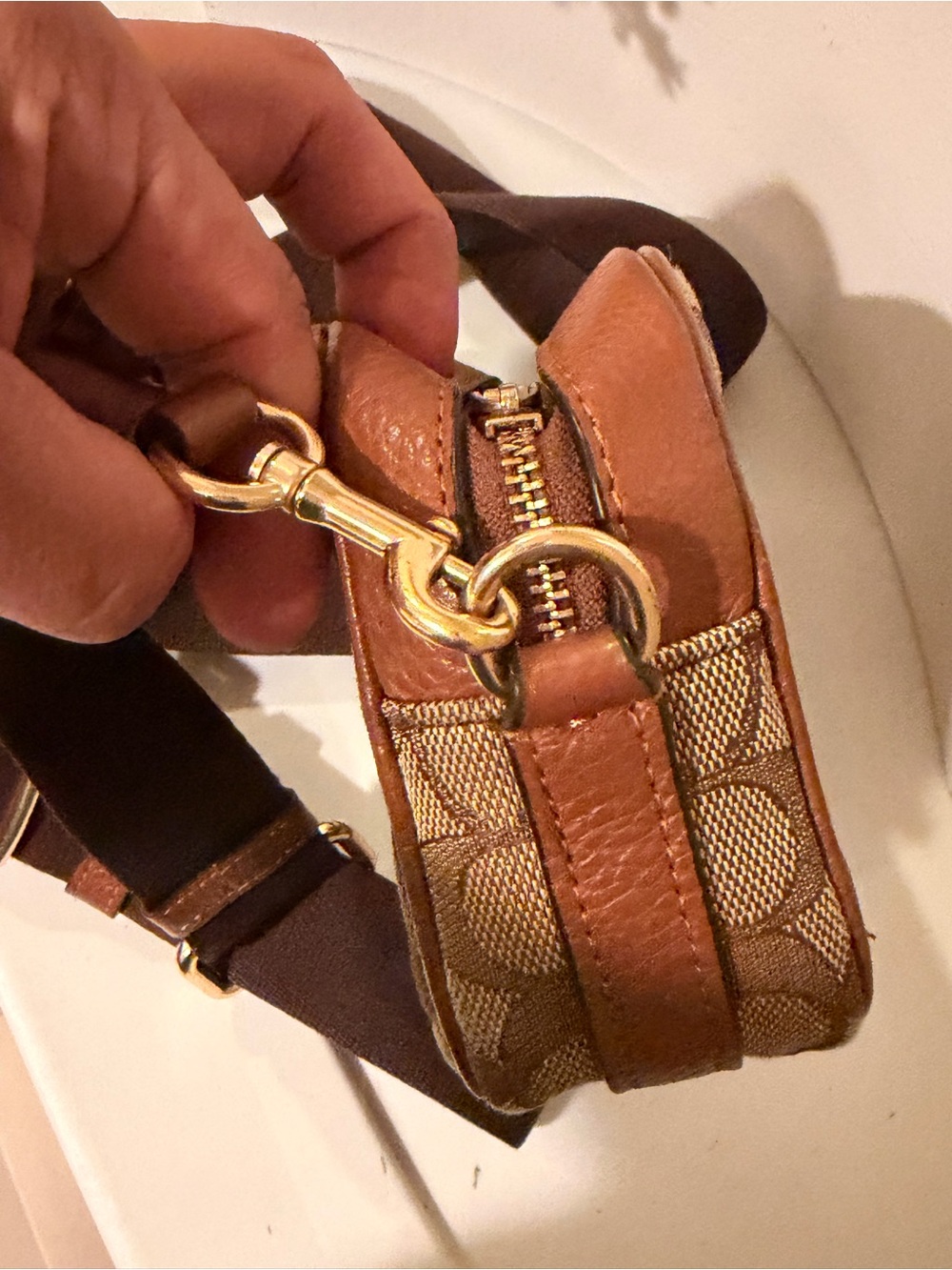 Coach Brown Signature Stripe Crossbody Camera Bag - Picture 7 of 10